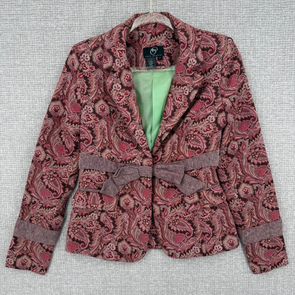 True Meaning Paisley Blazer Jacket Women Sz XS 2 Bow Front Tapestry Boho Office